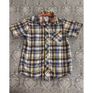 The Children's Place Boy's Yellow Blue Plaid Short Sleeve Shirt SZ 7/8